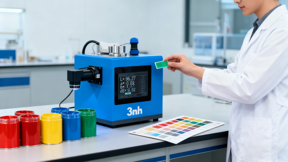 Technicians use a 3nh spectrophotometer to analyze coating samples