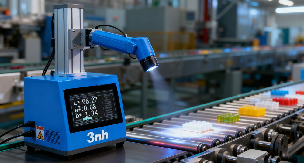 Modern factory production line, 3nh spectrophotometer for online color detection of plastic parts